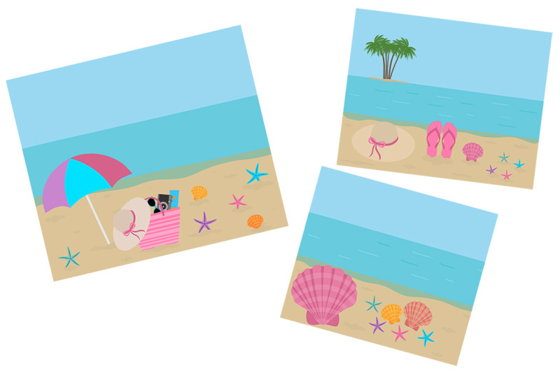 set-postcards-summer-sea-beach-vector-illustration