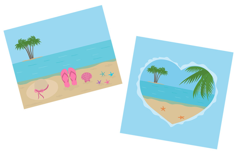 set-postcards-summer-sea-beach-vector-illustration