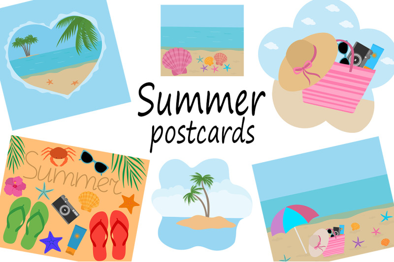 set-postcards-summer-sea-beach-vector-illustration