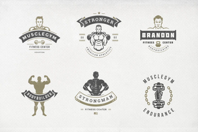 retro-fitness-amp-gym-logos-set