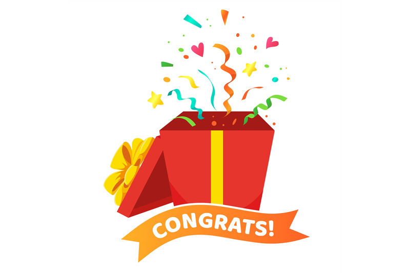 congrats-poster-with-open-gift-box-ribbons-and-confetti-on-white-sur