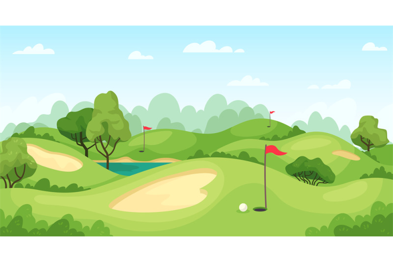 golf-course-green-landscape-with-flags-and-sand-ground-golf-cart-on