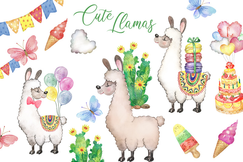 cute-llama-watercolor-clipart-llama-party-balloons-cake-ice-cream