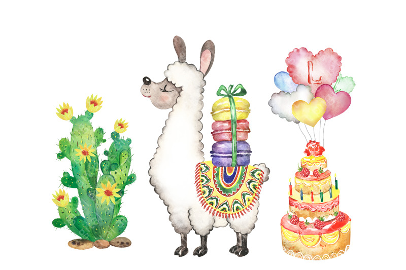cute-llama-watercolor-clipart-llama-party-balloons-cake-ice-cream