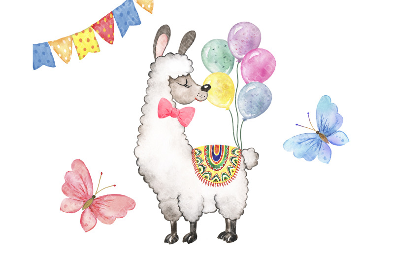 cute-llama-watercolor-clipart-llama-party-balloons-cake-ice-cream