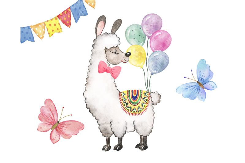 Cute llama watercolor clipart. Llama party, balloons, cake, ice cream. By Evgeniia Grebneva