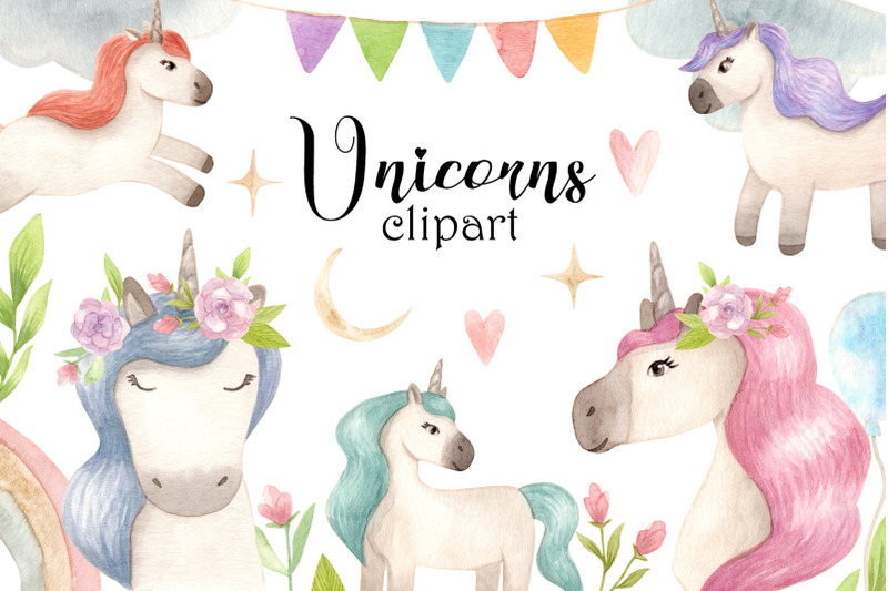 watercolor-unicorns-cliparts-and-pattern