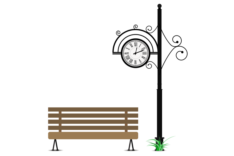 retro-clock-and-wooden-bench