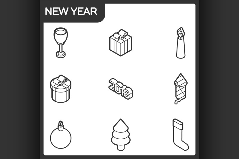 new-year-outline-isometric-icons