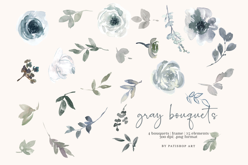 gray-and-white-watercolor-floral-clipart-and-pattern-set