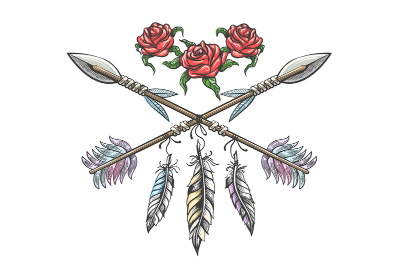 hand-drawn-boho-style-design-with-rose-flower-arrow-and-feathers-vec
