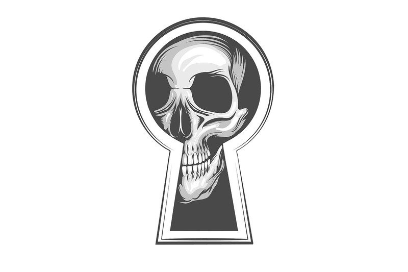 human-skull-looks-through-keyhole