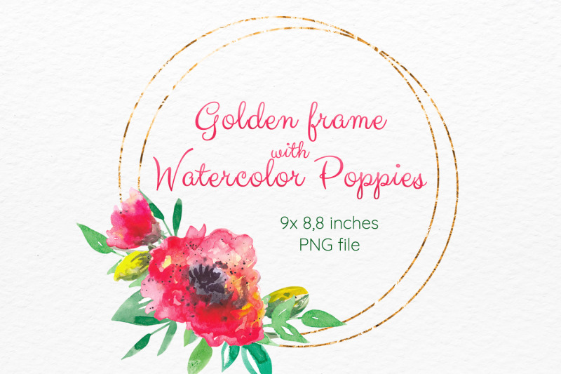 golden-frame-with-watercolor-poppy-flowers