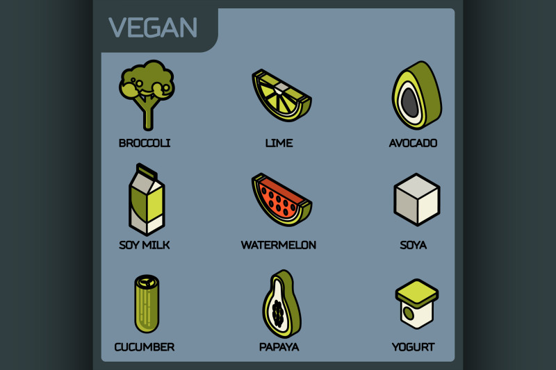 vegan-life-color-outline-isometric-icons-set