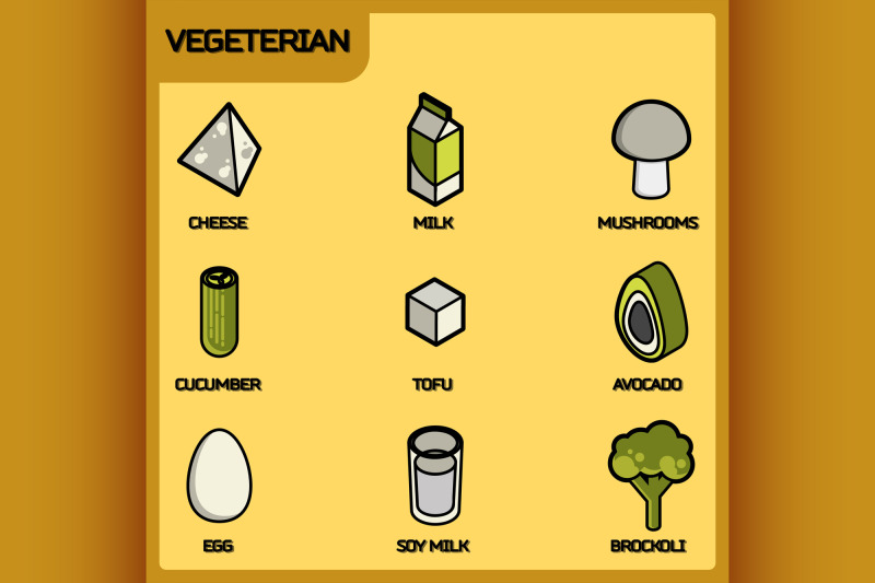 vegeterian-color-outline-isometric-icons
