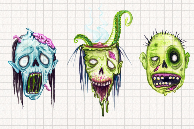 watercolor-zombie-heads