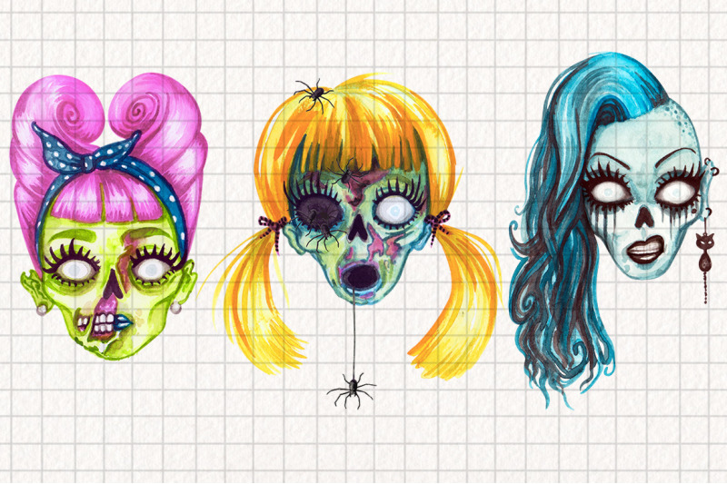 watercolor-zombie-heads