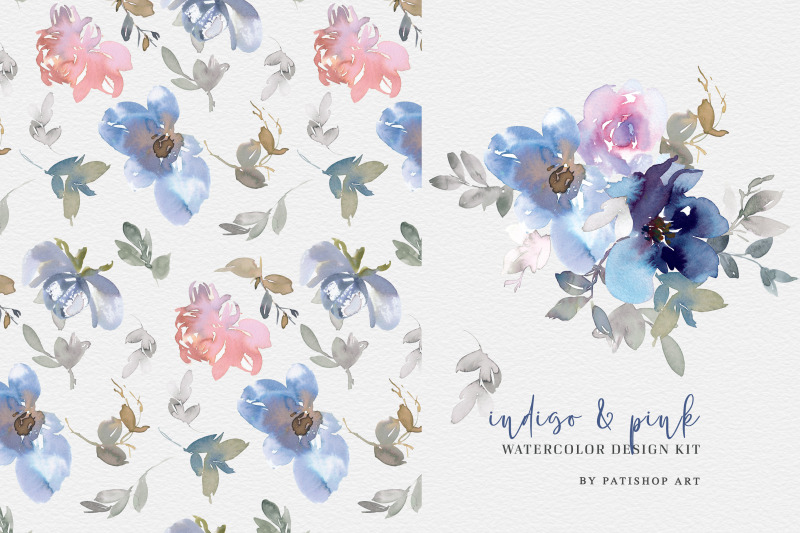 indigo-and-pink-watercolor-floral-clipart-set