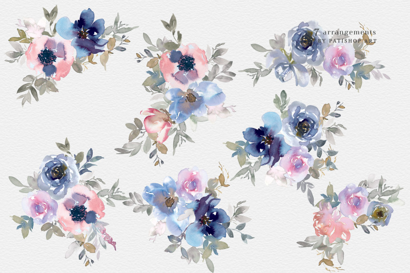 indigo-and-pink-watercolor-floral-clipart-set