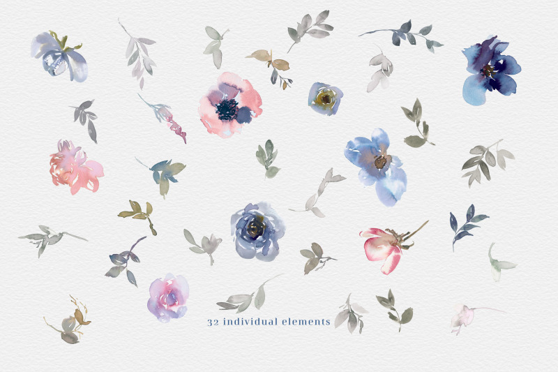 indigo-and-pink-watercolor-floral-clipart-set