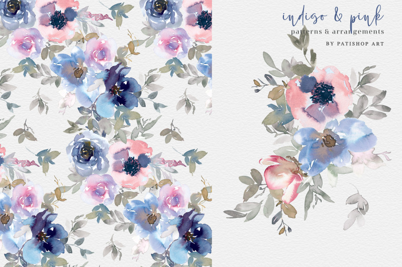 indigo-and-pink-watercolor-floral-clipart-set