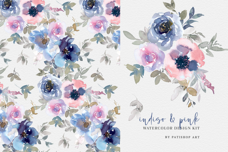 indigo-and-pink-watercolor-floral-clipart-set