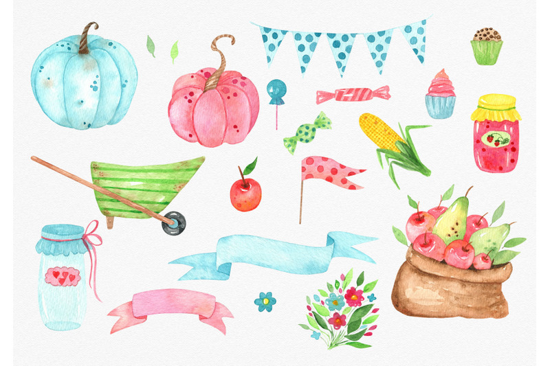 sweet-fall-cliparts-watercolor-pumpkins-apples-and-sweets