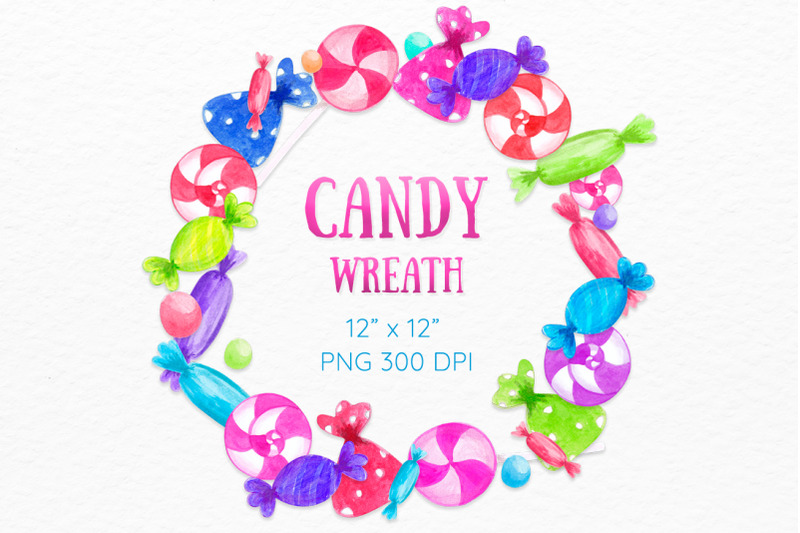 candy-wreath-birthday-card-watercolor-sweets-colorful-clipart