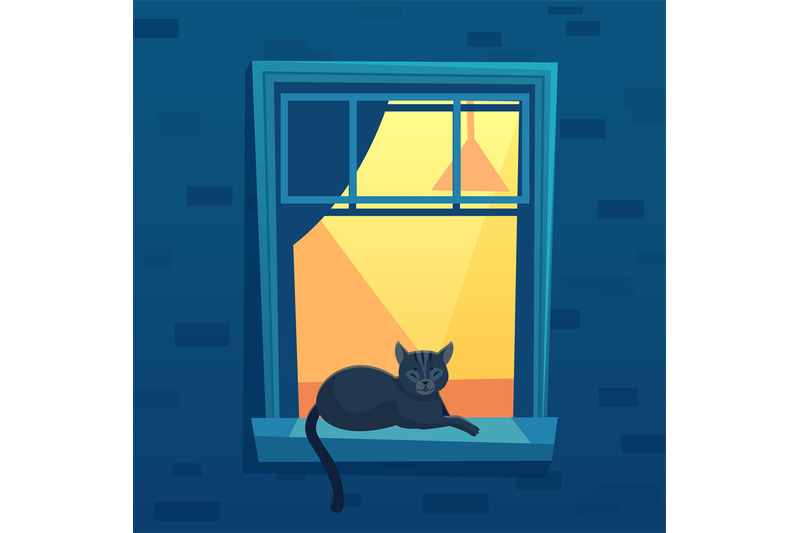 cat-lying-in-lit-up-city-apartment-open-window-at-night-time-black-ki