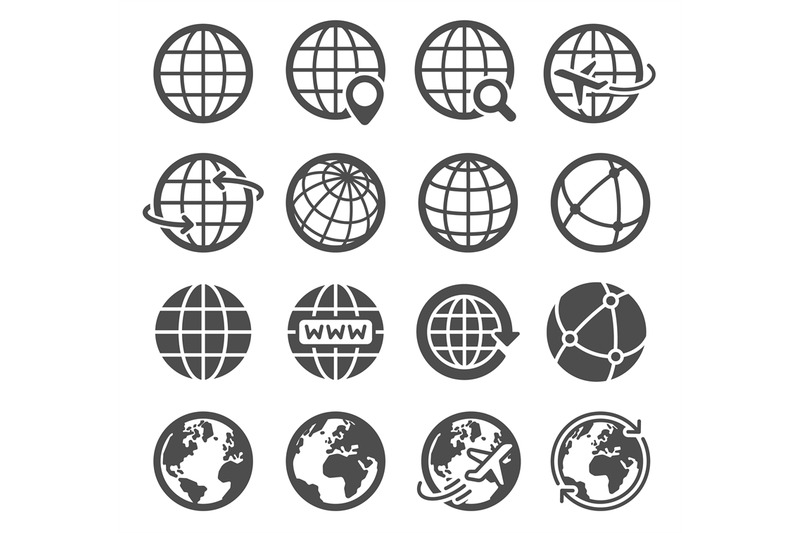 Earth globe icons. Worldwide map spherical planet, geography continent ...