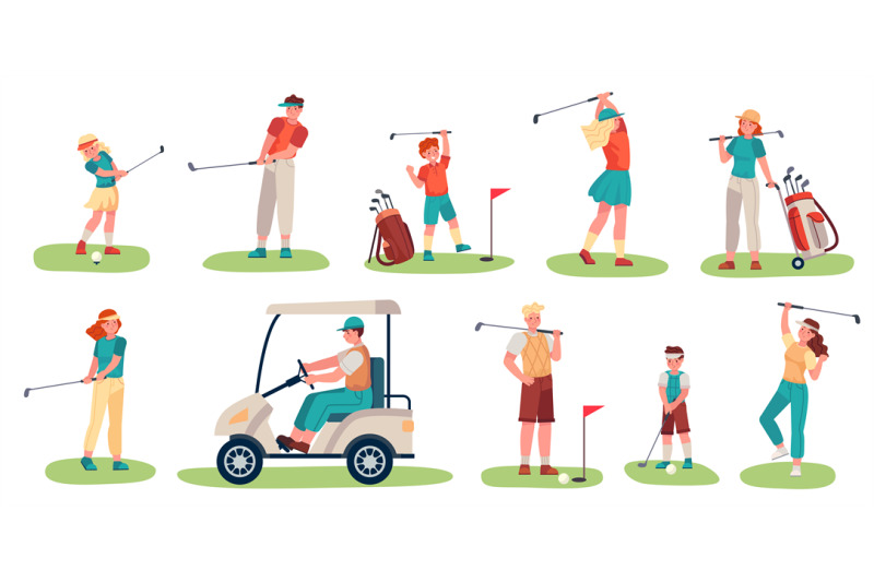 golf-players-characters-men-women-and-children-playing-golf-on-green