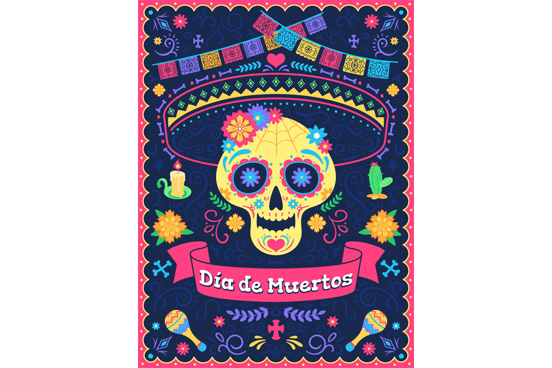 dia-de-los-muertos-poster-dead-day-holiday-skull-with-flowers-ribbo