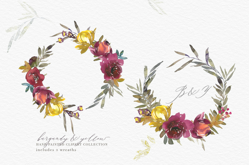 burgundy-and-yellow-watercolor-floral-clipart-set