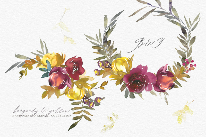 burgundy-and-yellow-watercolor-floral-clipart-set