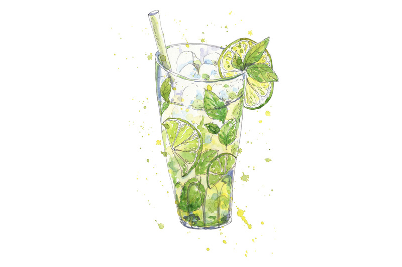 cocktail-mojito-hand-drawn-in-watercolor-sketch-style