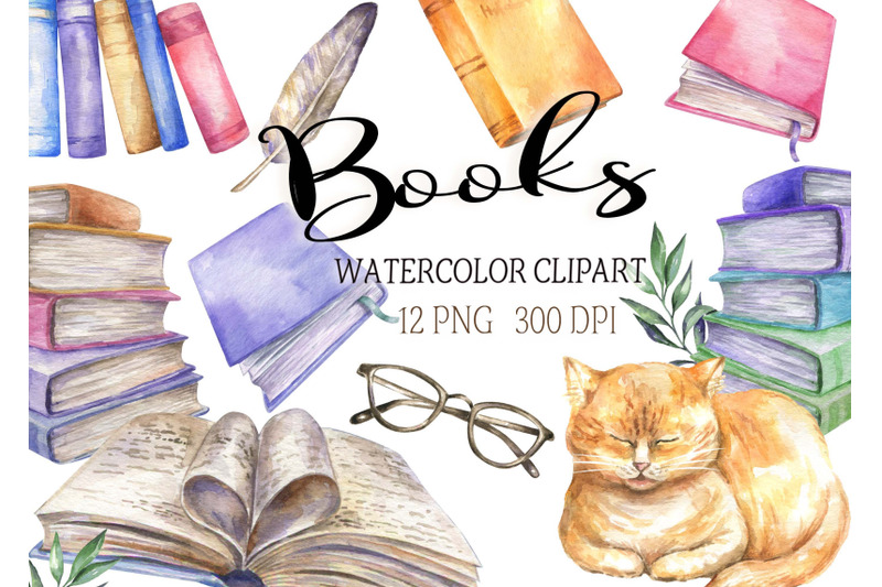 watercolor-books-clipart-cat-reading-clip-writer-png