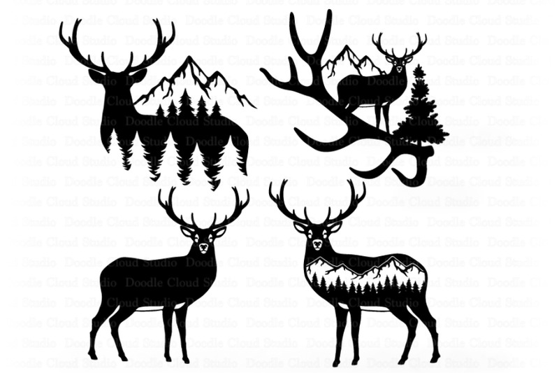 Download Deer in Forest Silhouette SVG, Nature Scene SVG. By Doodle ...