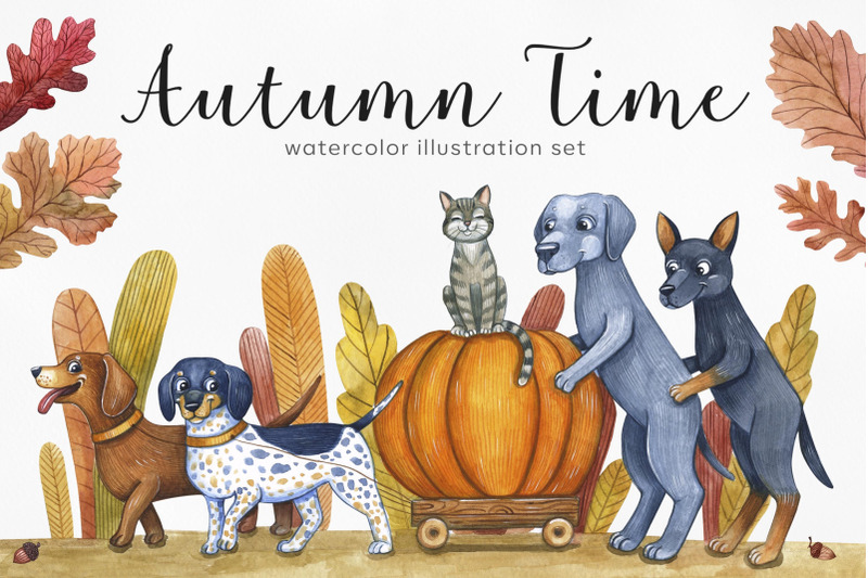 dog-039-s-autumn-watercolor-set-illustrations-cute-dog