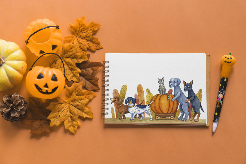 dog-039-s-autumn-watercolor-set-illustrations-cute-dog