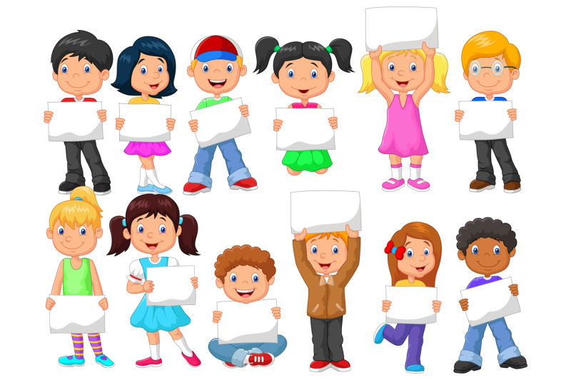 children-holding-blank-paper-vector-set