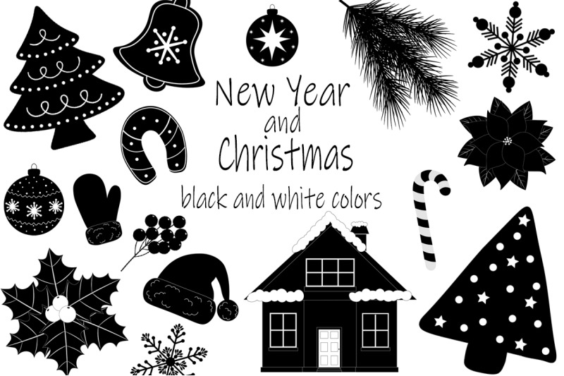 set-new-year-and-christmas-black-and-white-colors-vector