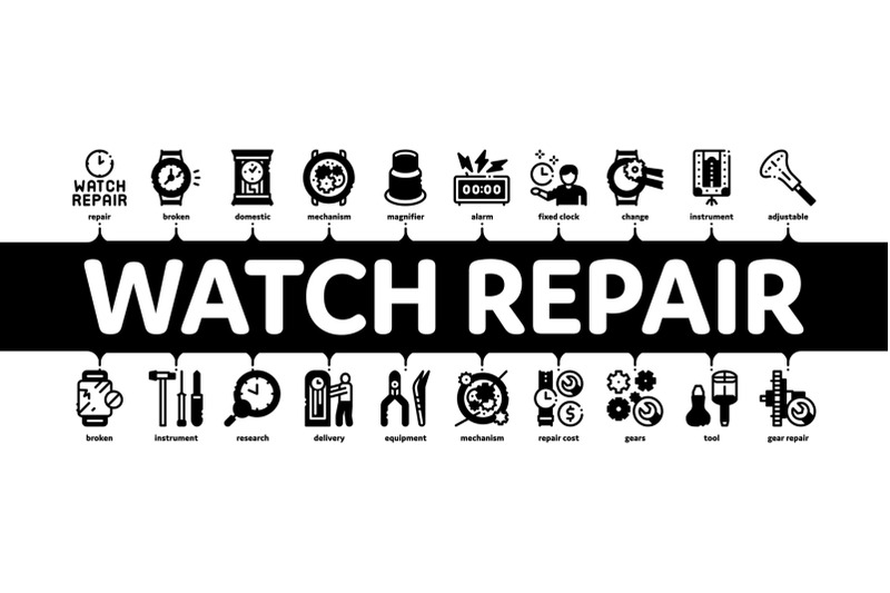 watch-repair-service-minimal-infographic-banner-vector