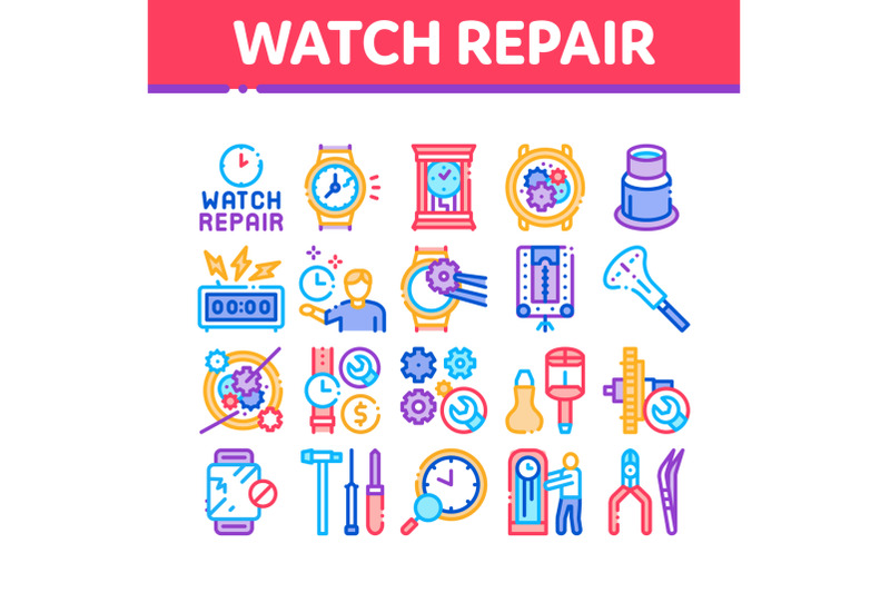 watch-repair-service-collection-icons-set-vector