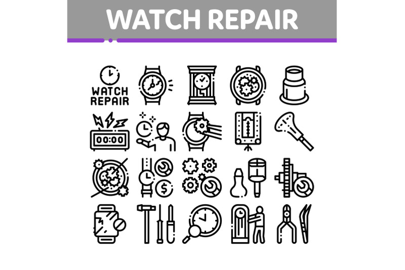 watch-repair-service-collection-icons-set-vector