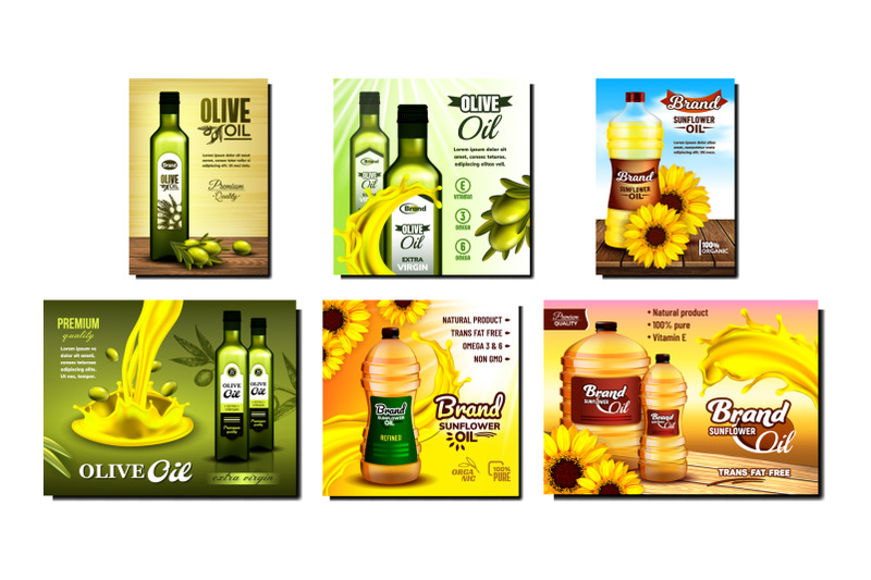 olive-and-sunflower-oil-promo-posters-set-vector