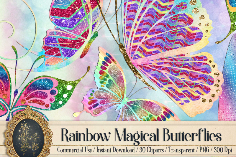 30-rainbow-glitter-sequin-watercolor-butterfly-clip-arts-png