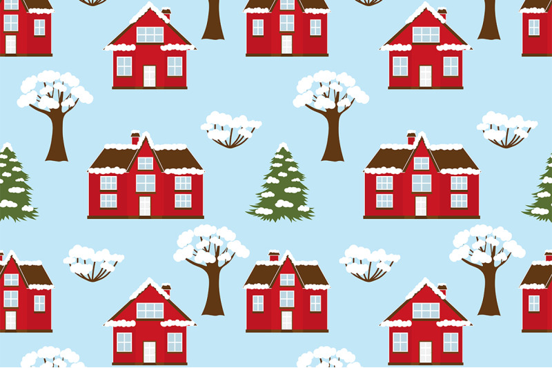 set-winter-houses-banners-patterns-vector-illustration