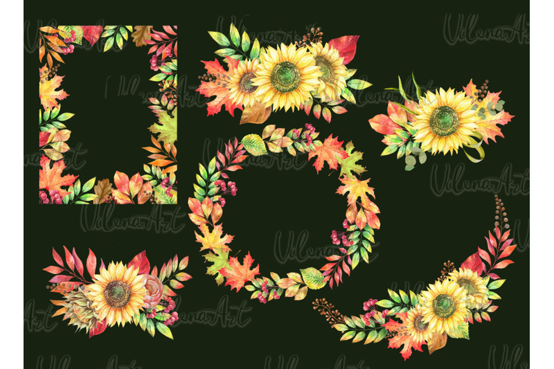 watercolor-autumn-frames-and-bouquets-clipart-sunflowers-leaves-png