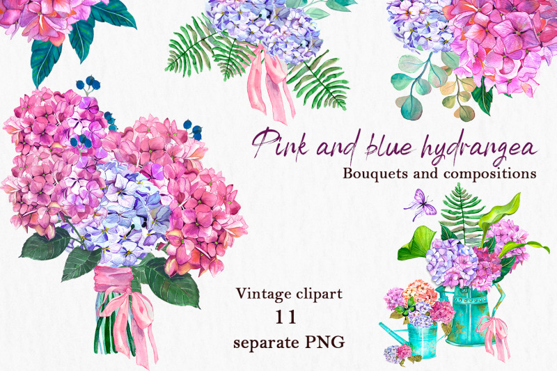 watercolor-pink-and-blue-hydrangea-with-tropical-leaves-and-eucalyptus