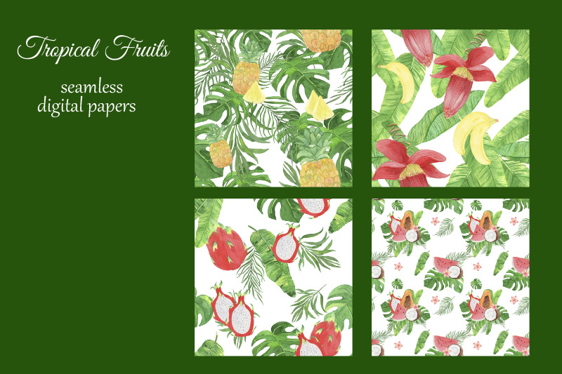 watercolor-tropical-fruits-digital-papers-palm-leaves-seamless-patter